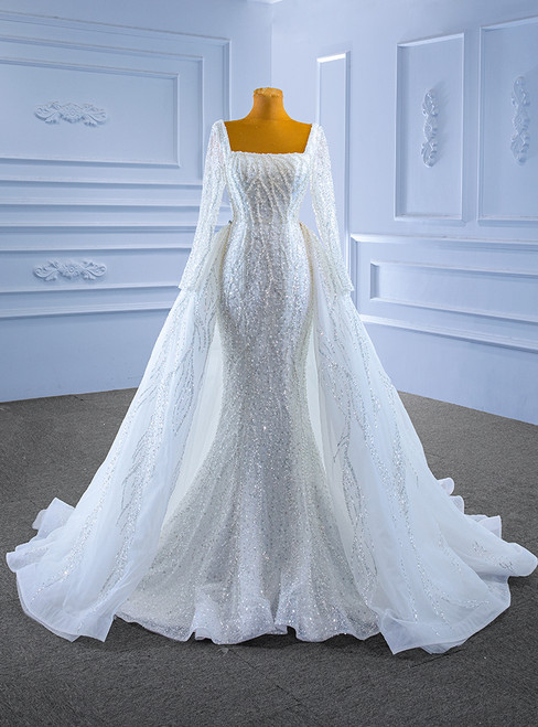 White Mermaid Sequins Square Wedding Dress With Detachable Train