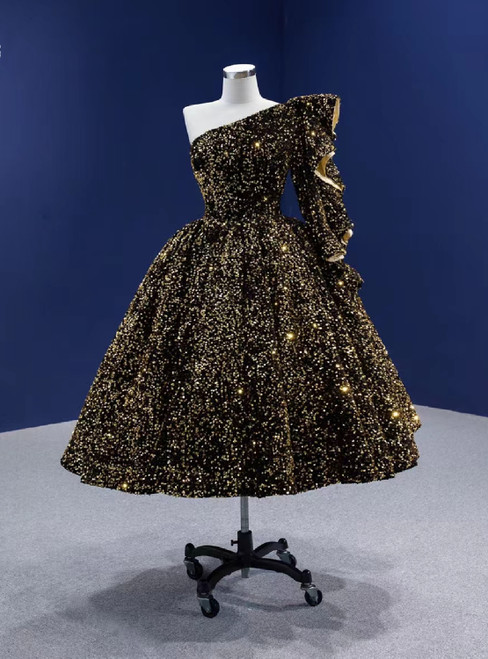 Black Gold Sequins One Shoulder Short Prom Dress