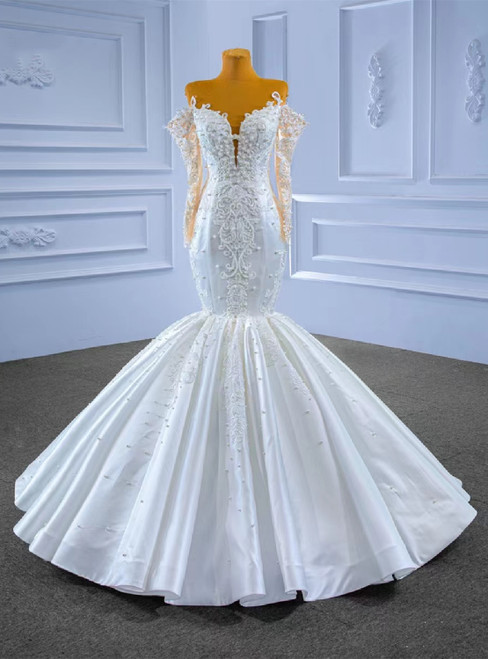 White Mermaid Satin Long Sleeve Appliques Beading Wedding Dress