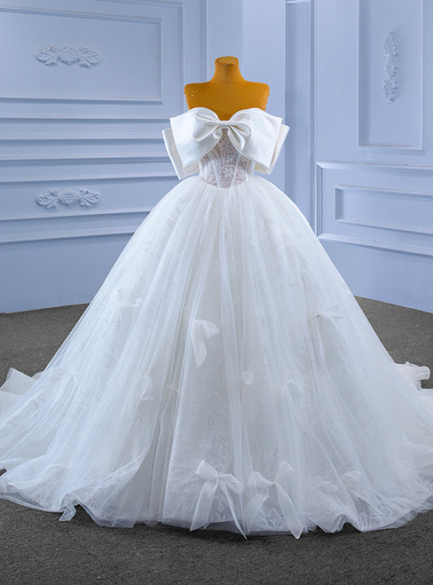 White Tulle Off the Shoulder Bow Wedding Dress