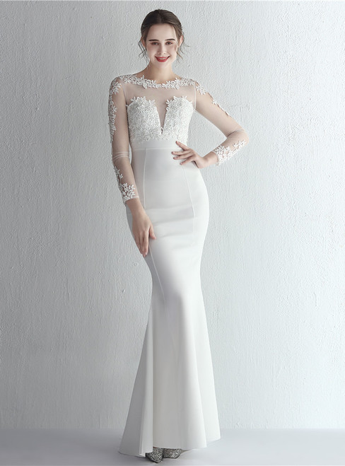 In Stock:Ship in 48 Hours White Mermaid Long Sleeve Appliques Prom Dress