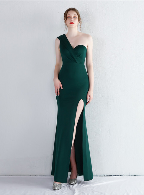 In Stock:Ship in 48 Hours Green Mermaid One Shoulder Pleats Prom Dress