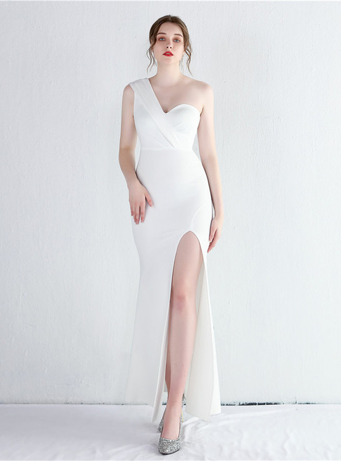 In Stock:Ship in 48 Hours White Mermaid One Shoulder Pleats Prom Dress