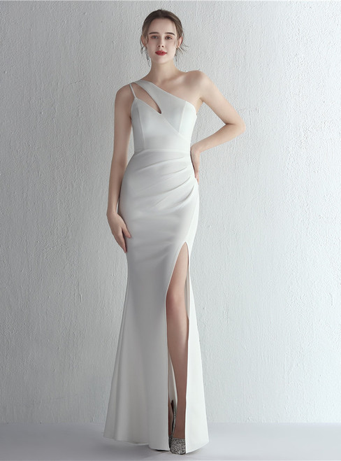 In Stock:Ship in 48 Hours White One Shoulder Pleats Party Dress