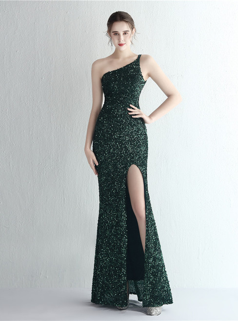In Stock:Ship in 48 Hours Green Sequins One Shoulder Party Dress