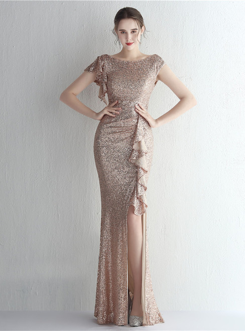 In Stock:Ship in 48 Hours Gold Sequins Cap Sleeve Prom Dress