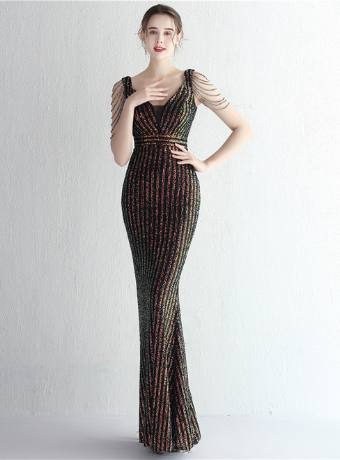 In Stock:Ship in 48 Hours Black Mermaid Sequins V-neck Party Dress