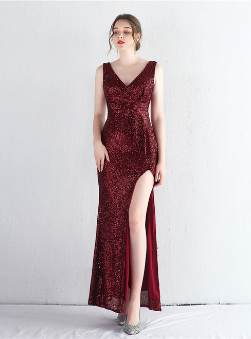 In Stock:Ship in 48 Hours Burgundy Sequins V-neck Pleats Party Dress