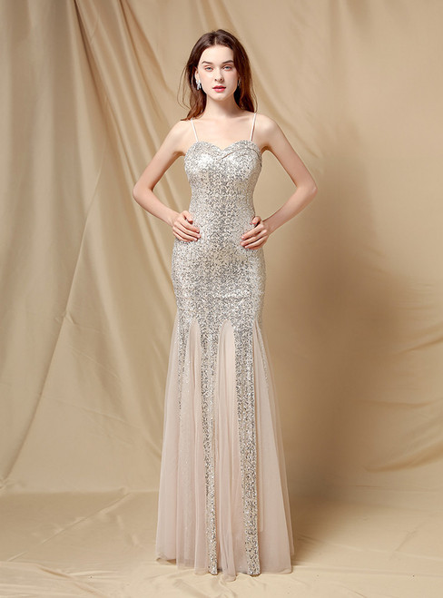In Stock:Ship in 48 Hours Silver Spaghetti Straps Sequins Party Dress