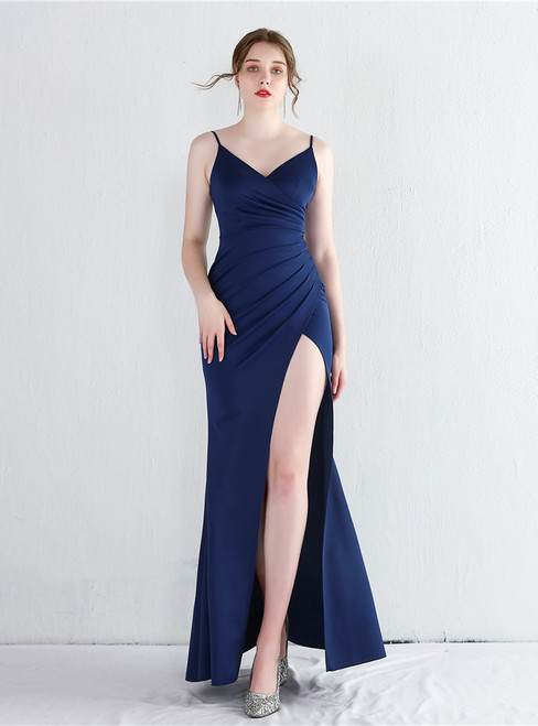 In Stock:Ship in 48 Hours Navy Blue Mermaid Spaghetti Strps Party Dress