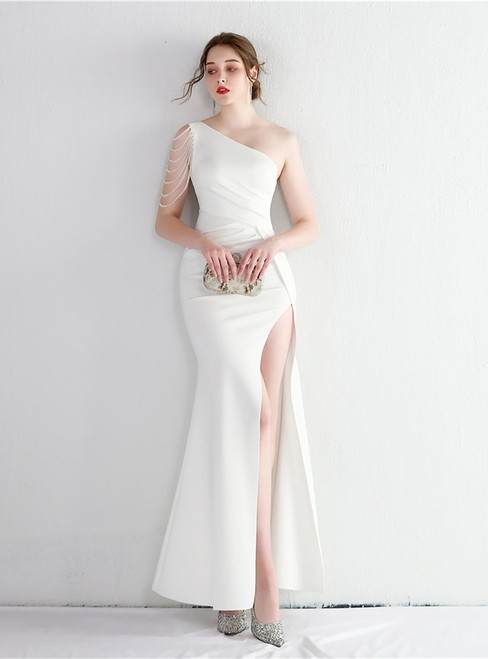 In Stock:Ship in 48 Hours White One Shoulder Beading Party Dress 