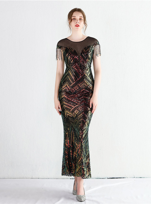 In Stock:Ship in 48 Hours Black Sequins Beading Cap Sleeve Party Dress