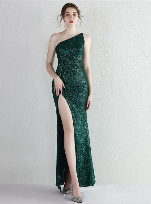 In Stock:Ship in 48 Hours Green Sequins One Shoulder Split Party Dress