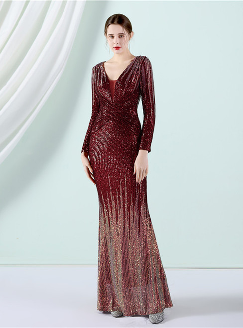 In Stock:Ship in 48 Hours Burgundy Long Sleeve Sequins Party Dress
