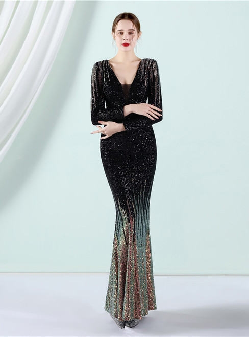 In Stock:Ship in 48 Hours Black Long Sleeve Sequins Party Dress