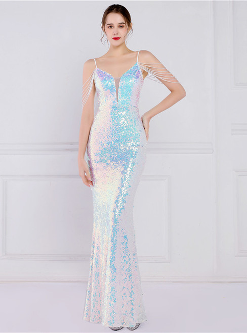 In Stock:Ship in 48 Hours Colorful White Sequins Mermaid Party Dress