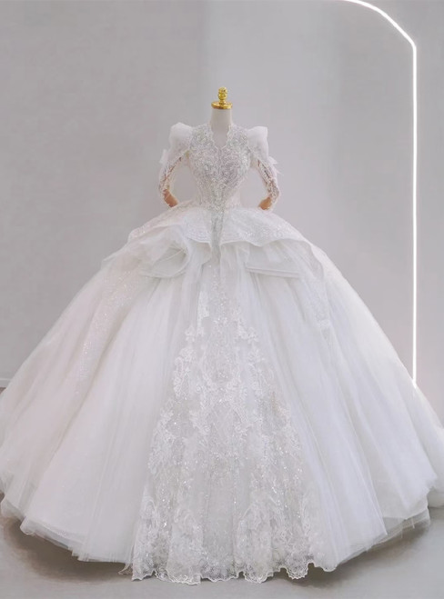 White Ball Gown Tulle Long Sleeve Appliques Backless Wedding Dress
