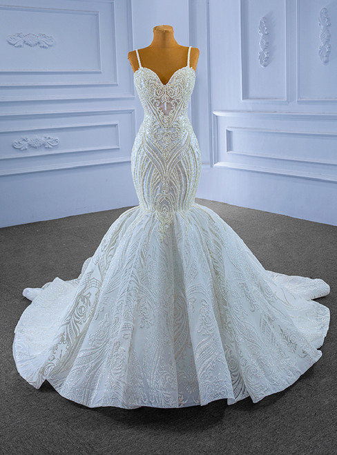 White Mermaid Sequins Spaghetti Straps Pearls Wedding Dress