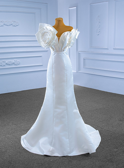 White Mermaid Satin Off the Shoulder Pleats Wedding Dress