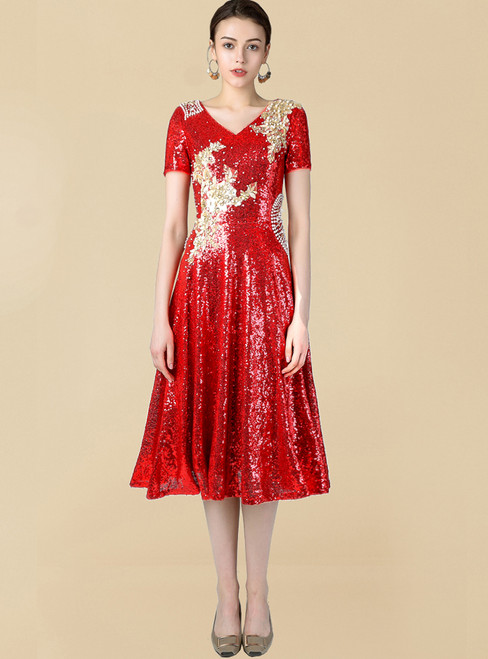 Red Sequins V-neck Short Sleeve Pearls Mother Of The Bride Dress