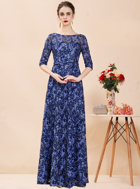 Dark Blue Embroidery Lace Short Sleeve Mother Of The Bride Dress