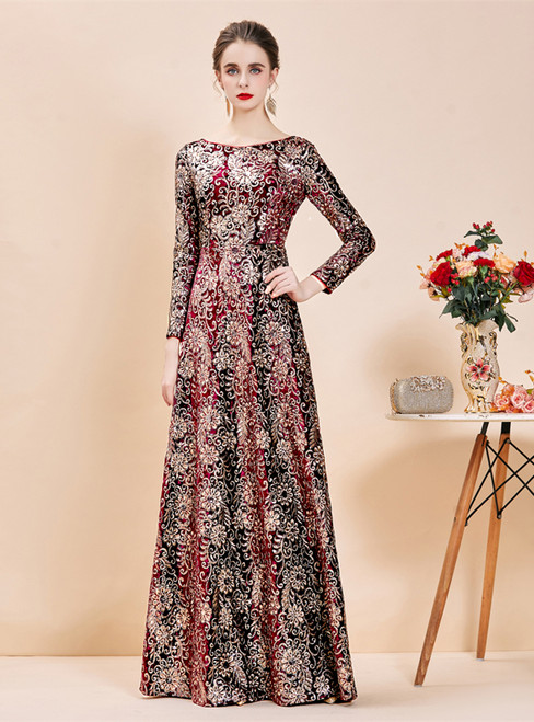 Burgundy Velvet Sequins Long Sleeve Mother Of The Bride Dress