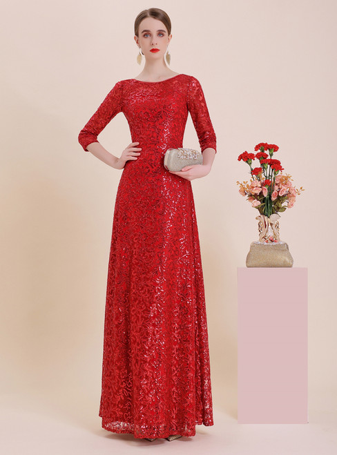 Red Sequins Lace 3/4 Sleeve Mother Of The Bride Dress