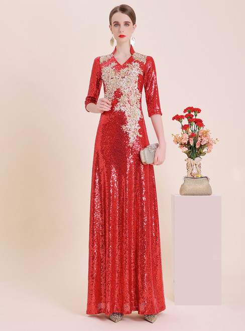 Red Sequins Half Sleeve Appliques Pearls Mother Of The Bride Dress