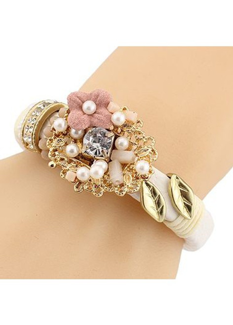 Cheap Faux Pearl and Flower Shape Decorated White Bracelet