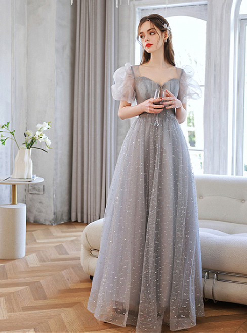 In Stock:Ship in 48 Hours Gray Tulle Sequins Puff Sleeve Backless Prom Dress