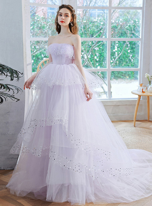 In Stock:Ship in 48 Hours Tulle Strapless Tiers Sequins Wedding Dress