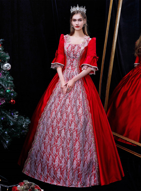 Burgundy Satin Lace Short Sleeve Vintage Rococo Dress