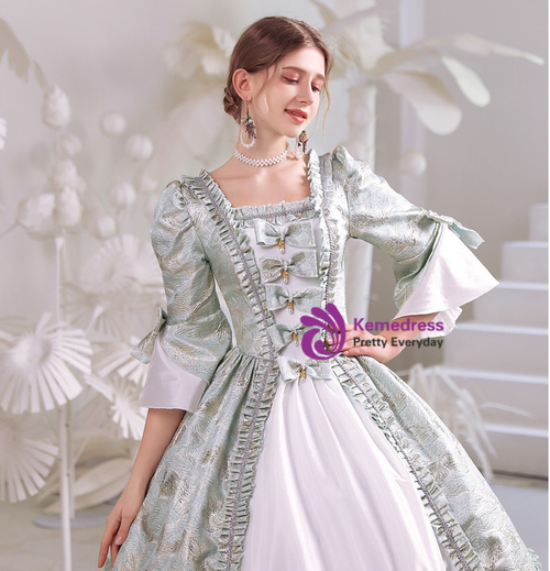 Green Square Short Sleeve Bow Rococo Baroque Dress