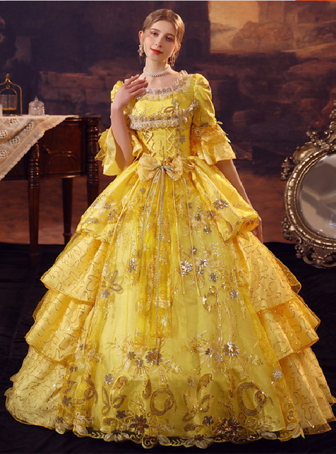 Yellow Tulle Sequins Short Sleeve Rococo Victorian Dress