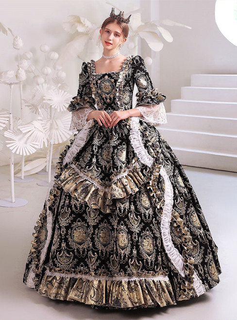Black gold rococo masquerade dress with square neckline and gold embroidery