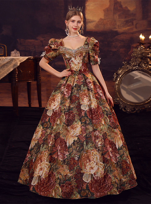 Rose Oil Painting Retro Palace Style Ball Dress