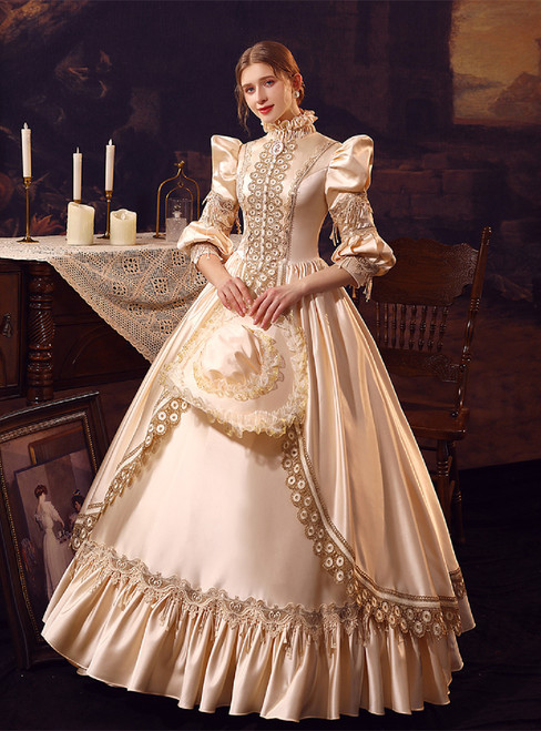 Champagne Satin Lace Long Sleeve Rococo Baroque Dress