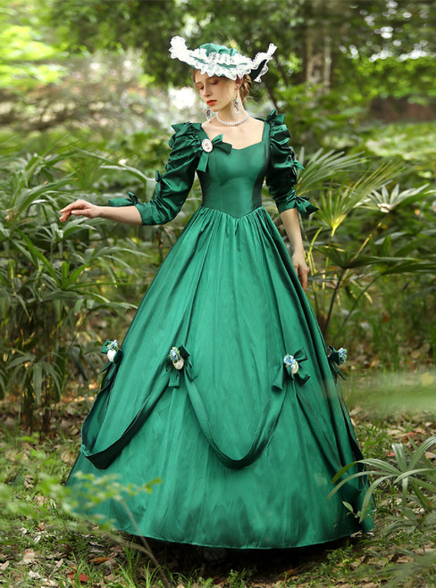 Green Satin Square Short Sleeve Bow Rococo Baroque Dress