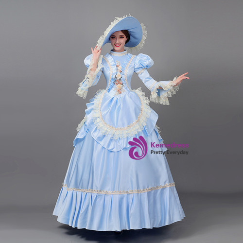 Blue Satin Long Sleeve High Neck Baroque Victorian Dress