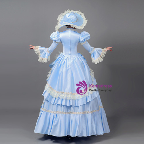 Blue Satin Long Sleeve High Neck Baroque Victorian Dress