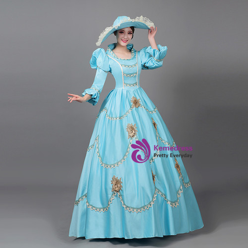 Blue Satin Long Sleeve Flower Rococo Baroque Dress