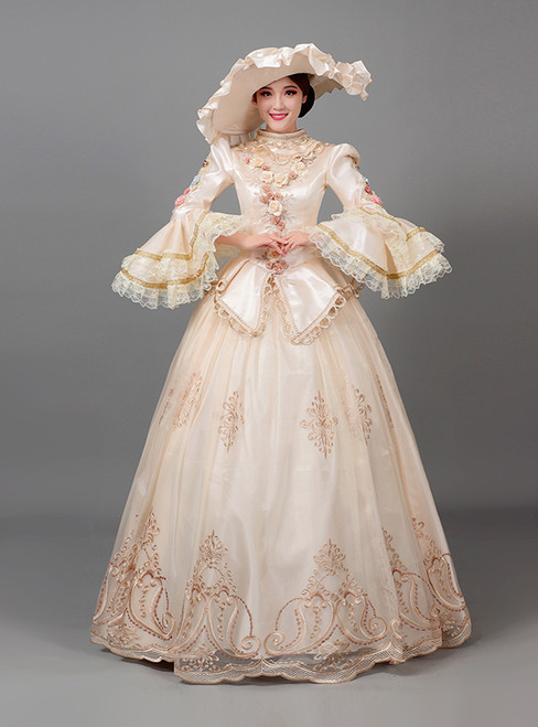 Champagne Tulle Satin Long Sleeve Appliques Baroque Vintage Dress