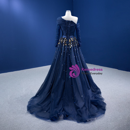 15736 Navy Blue Transparent Sequined Tulle Dress