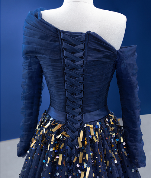 Navy Blue One Shoulder Sequin Lace Tiered Ruffle High Slit Tulle Prom Dress