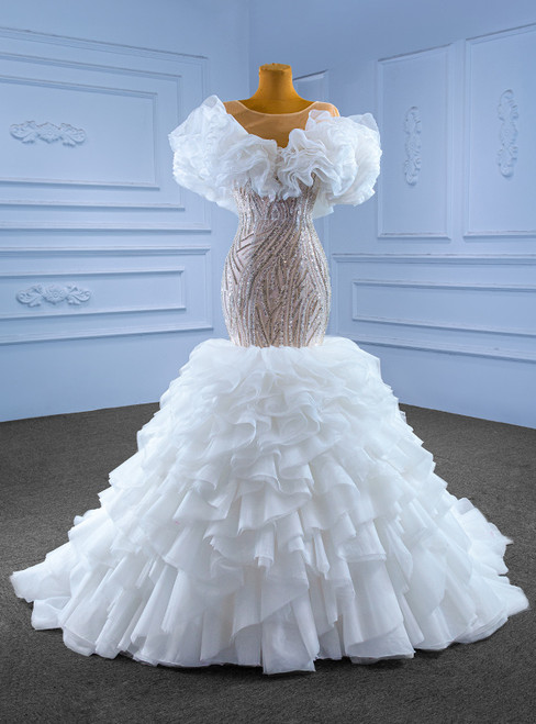White Mermaid Tulle Sequins Beading Wedding Dress