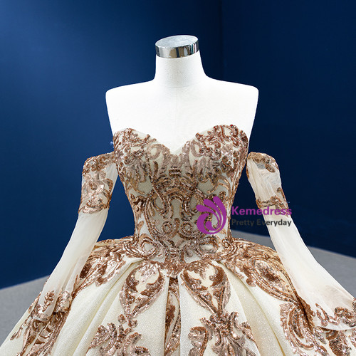 Classy Light Champagne Tulle Sequin Appliques Long Birthday Prom Dress Evening Gown SP1842 main image 0