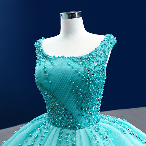Blue Green Tulle Pleats Beading Pearls Evening Prom Dress main image 0