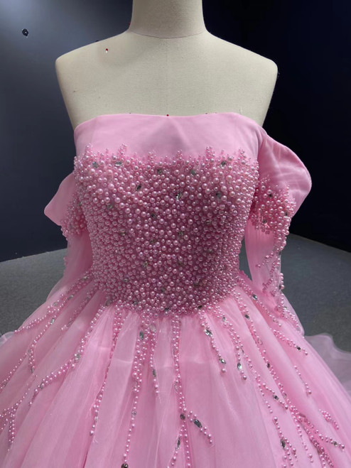 Dreamy Pink Off-the-Shoulder Pearl Beaded Tulle Train Prom Dress Evening Dress cc5587 main image 0