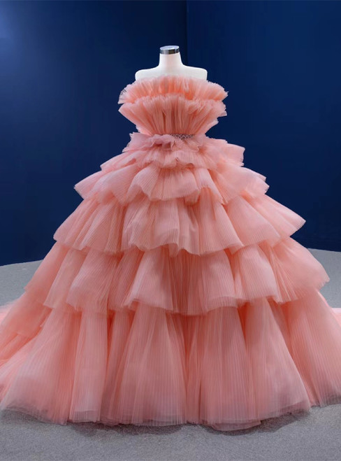 Orange Tulle Tiers Strapless Princess Prom Dress
