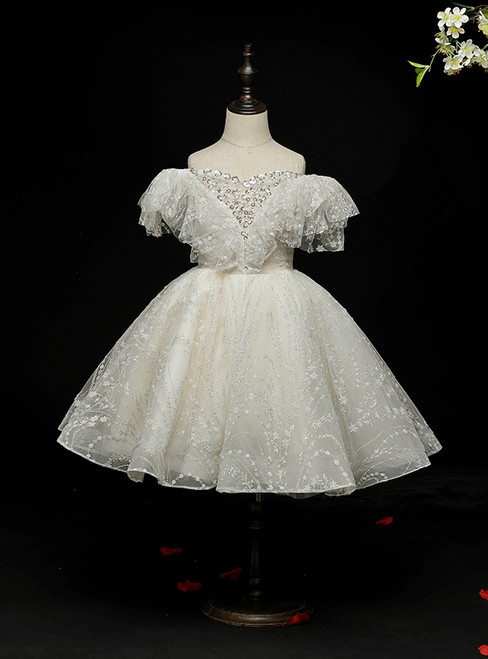 Champagne Tulle Lace Off the Shoulder Beading Flower Girl Dress